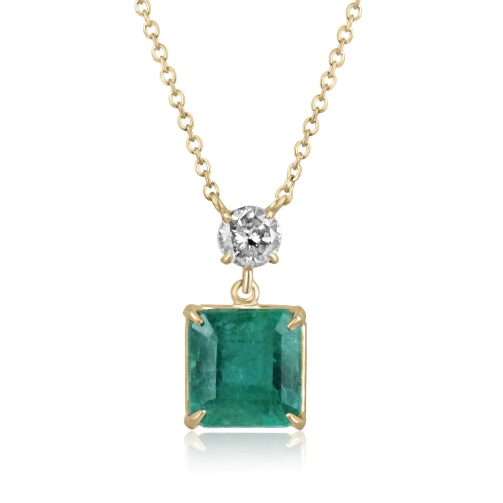3.50tcw 14K Natural Emerald-Asscher Cut & Champagne Diamond Accent Gold Dangle Necklace