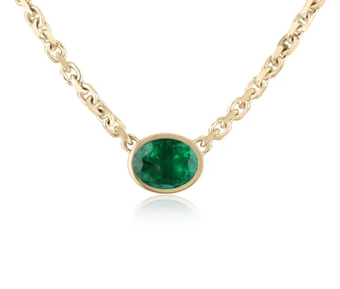 3.75ct 14K Gold Natural Rich Dark Green Oval Cut Emerald 3.0mm Anchor Chain Necklace