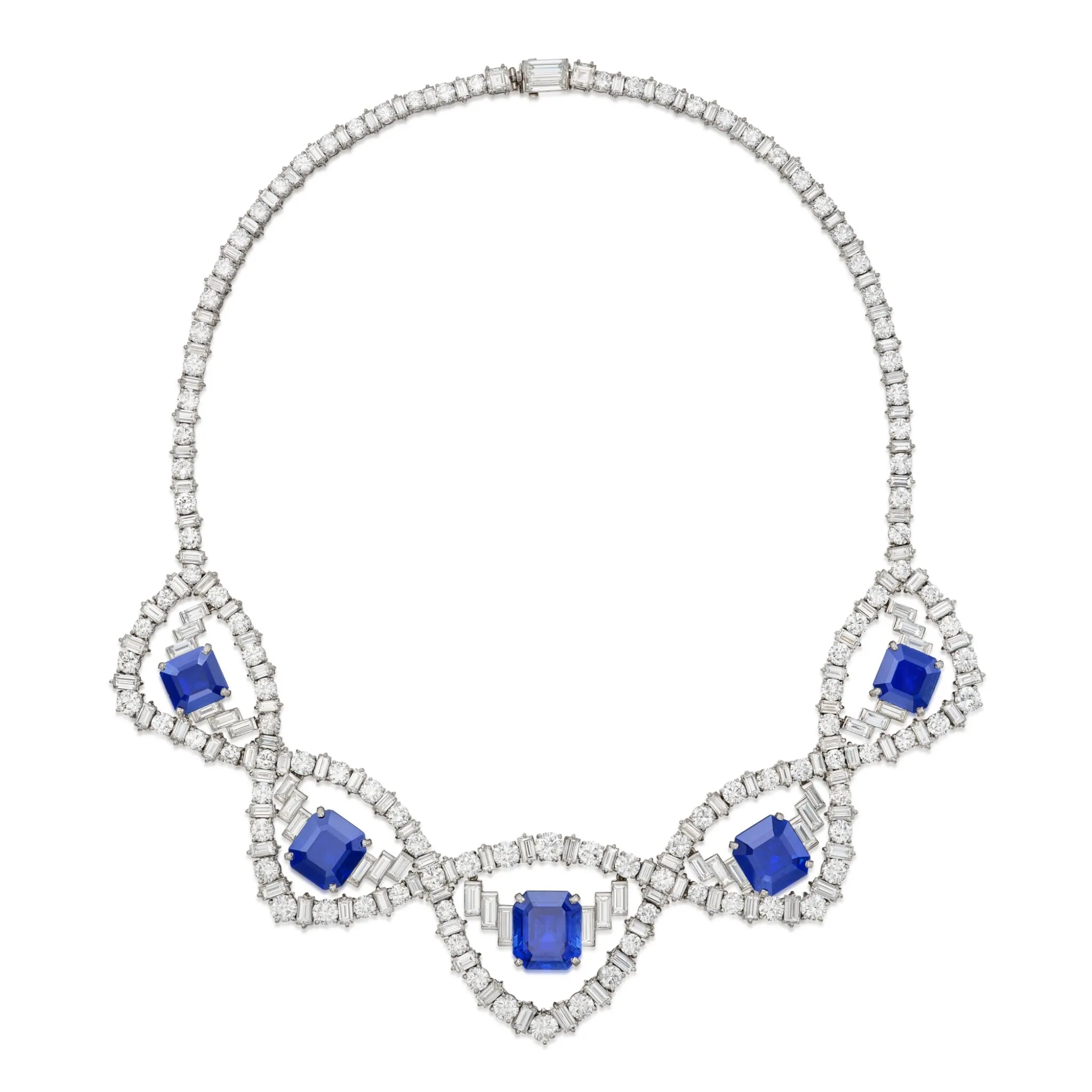 35 carats A Magnificent Sapphire and Diamond Necklace Of swag design, featuring five emerald- and square emerald-cut sap