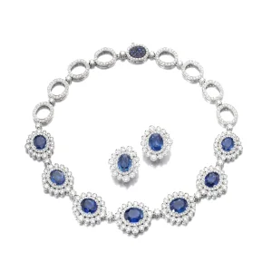 35 carats Sapphire and diamond demi-parure Comprising : a necklace of geometric design, the front set with oval sapphire