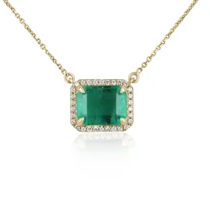 4.0tcw East To West Natural Rare Bluish Green Rectangle Emerald & Diamond Halo Stationary Necklace 14K