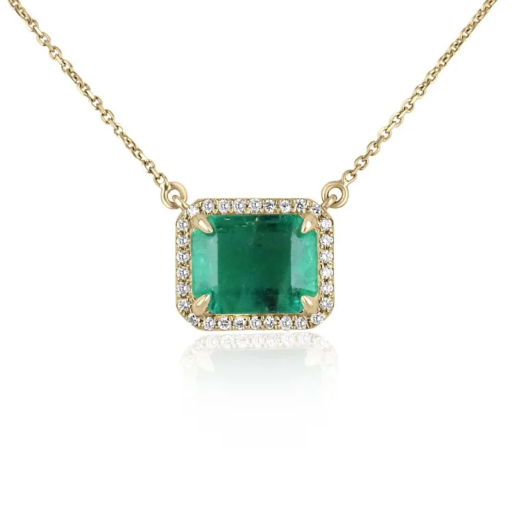 4.0tcw East To West Natural Rare Bluish Green Rectangle Emerald & Diamond Halo Stationary Necklace 14K