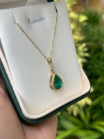 4.35tcw 14K Teardrop Bezel Set Natural Pear Cut Emerald & Marquise Diamond Bail Accent Pendant Necklace