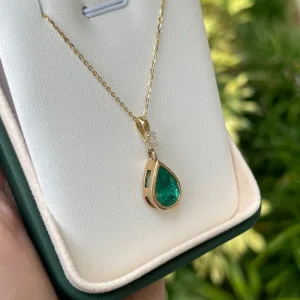 4.35tcw 14K Teardrop Bezel Set Natural Pear Cut Emerald & Marquise Diamond Bail Accent Pendant Necklace
