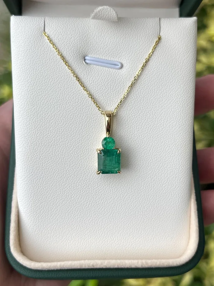 4.46tcw Zambian Emerald Toi et Moi Necklace 14K Gold Asscher & Round Pendant