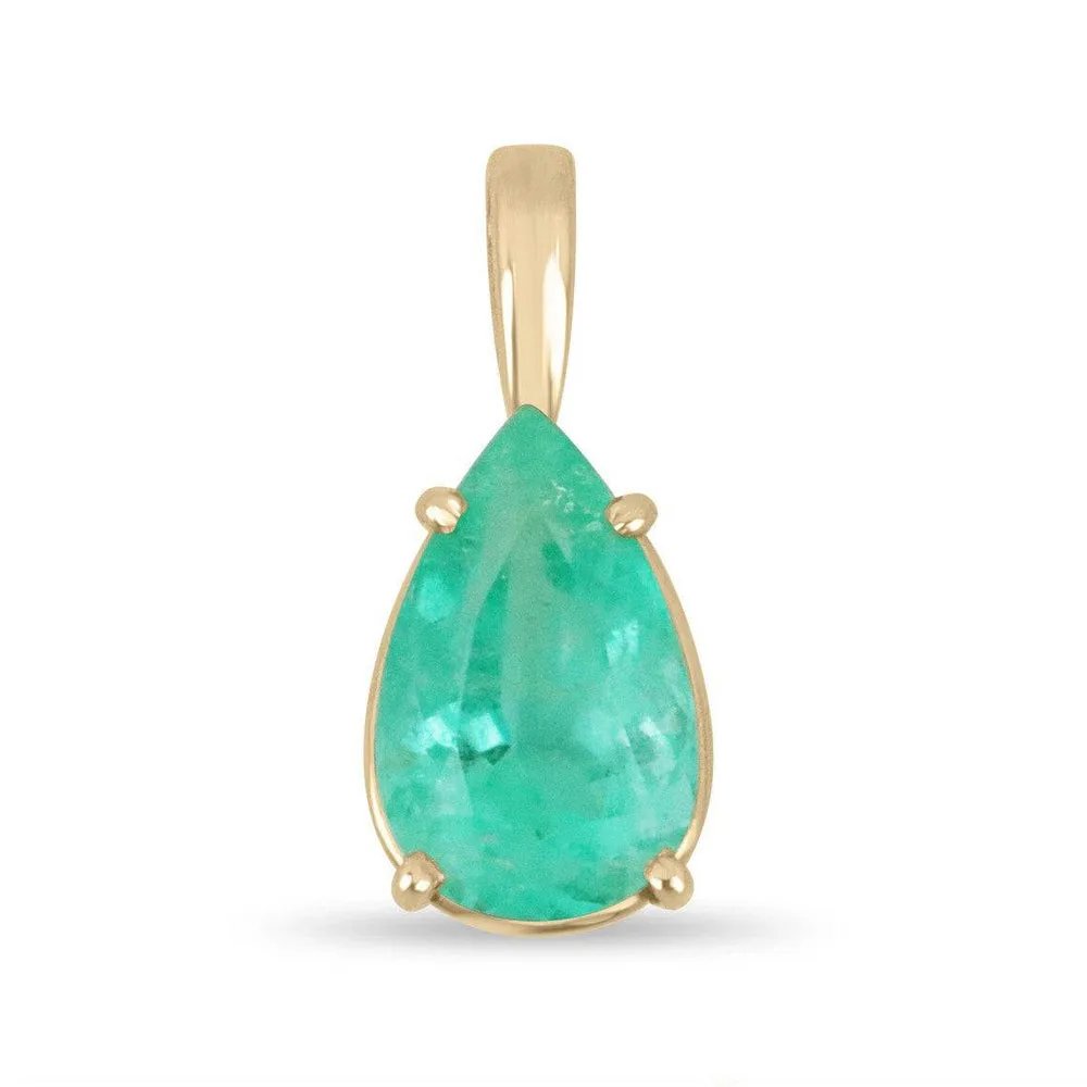 4.54 Carat Tear Drop Medium Green Colombian Emerald Solitaire Necklace 14K