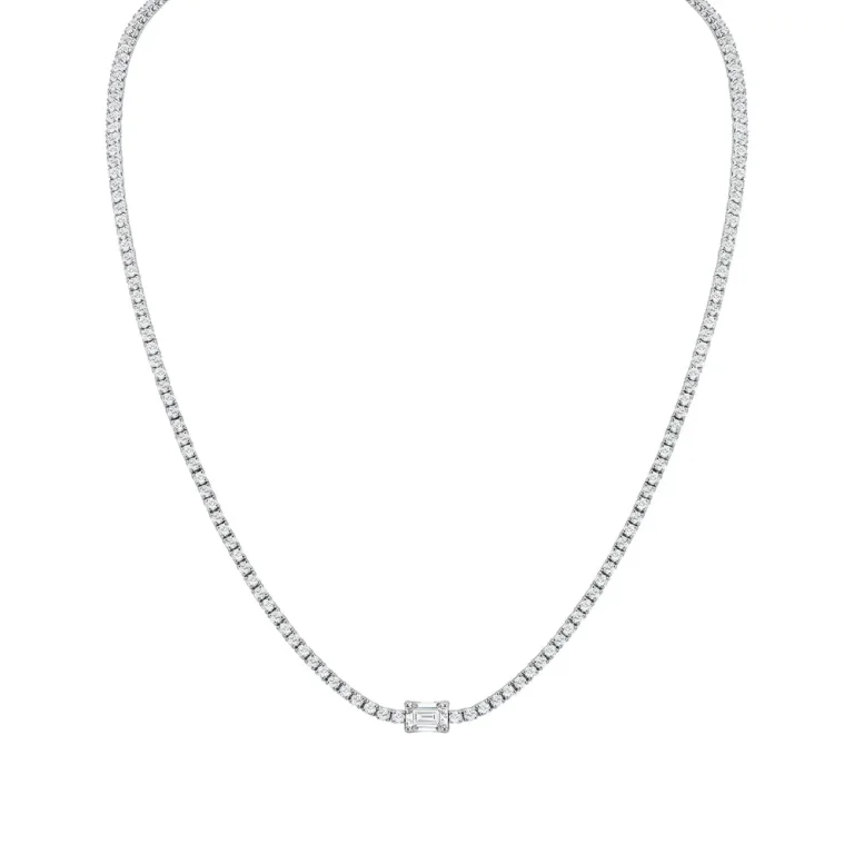 4.97CT. EMERALD CUT CENTER STONE DIAMOND TENNIS NECKLACE IN 18K WHITE GOLD