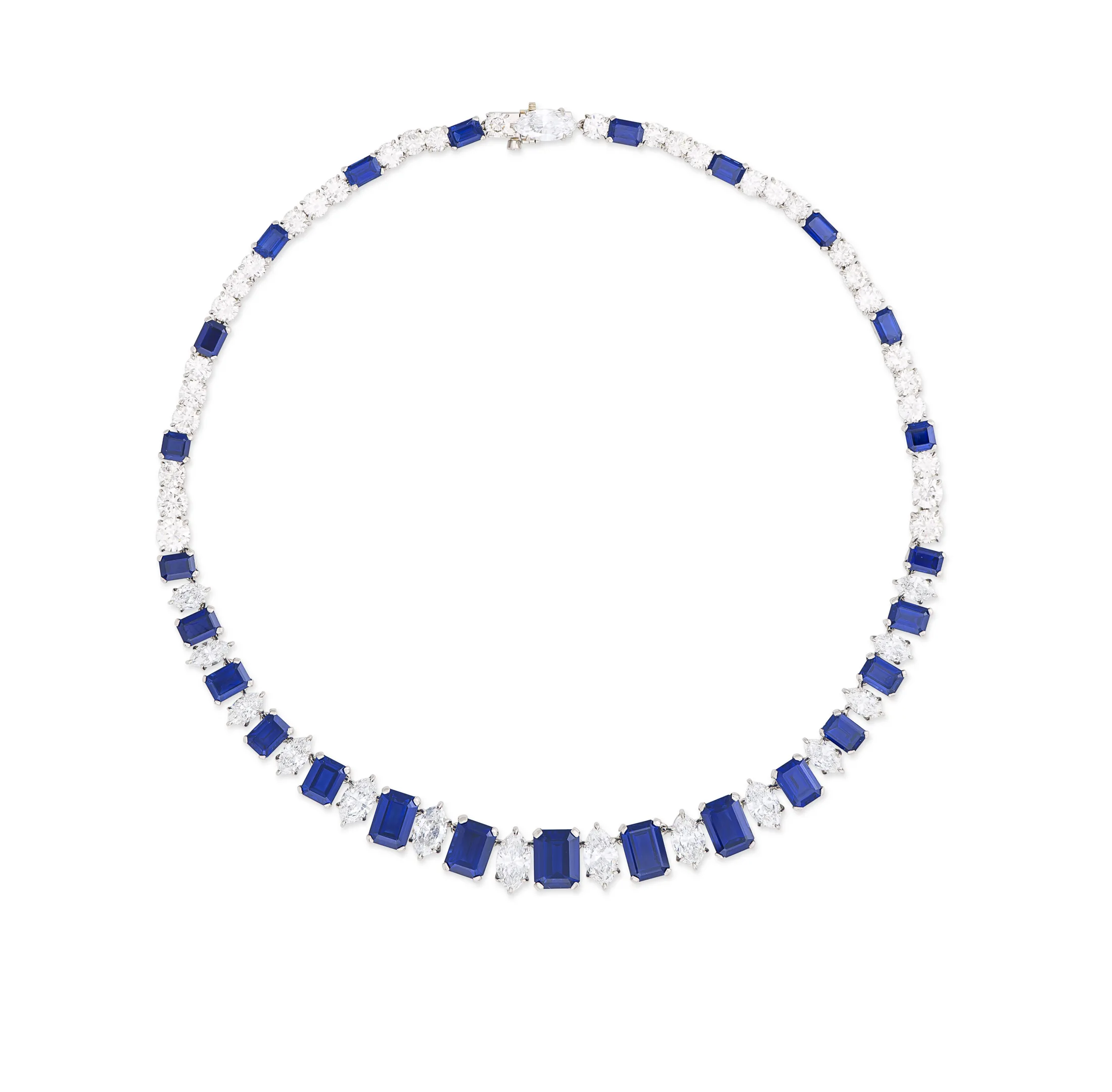 40 carats SAPPHIRE AND DIAMOND NECKLACE Twenty-five octagonal step-cut sapphires of 4.70 to 0.73 carat, marquise-cut and