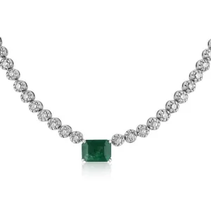 5.11tcw 14K White Gold Dark Green Emerald & Diamond Vintage Choker 8 Prong Tennis Necklace a