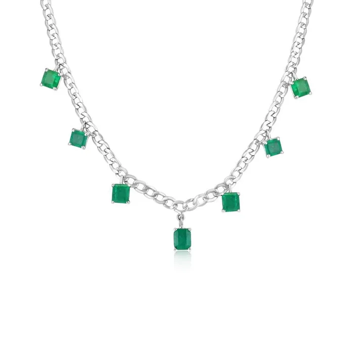 5.52tcw 14K White Gold Chain Fringe Emerald Asscher Cut Multi-Gemstone By the Yard Necklace