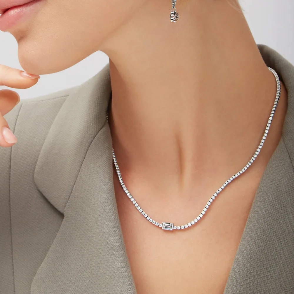 5.80CT EMERALD CUT CENTER STONE DIAMOND TENNIS NECKLACE IN 18K WHITE GOLD