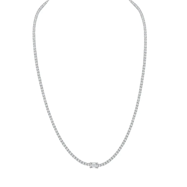 5.80CT EMERALD CUT CENTER STONE DIAMOND TENNIS NECKLACE IN 18K WHITE GOLD