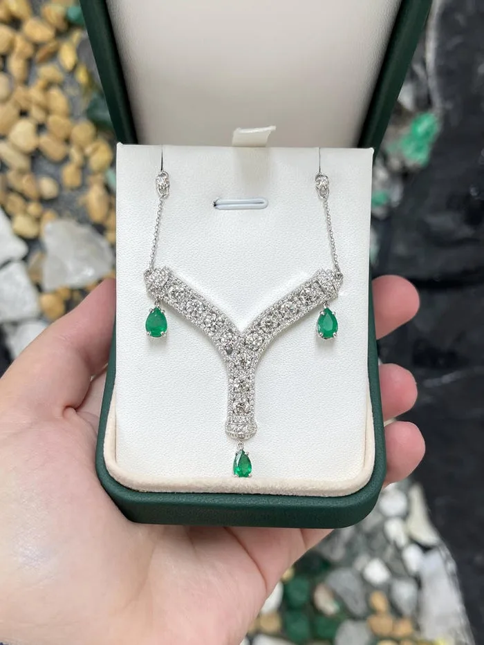 5.92tcw 18K Natural Diamond & Emerald Y Shape Pendant Necklace
