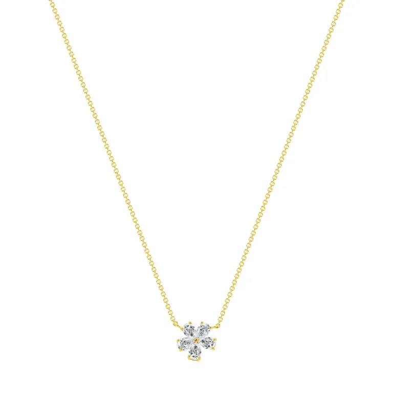 5 PETAL FLOWER PEAR SHAPE DIAMOND PENDANT NECKLACE IN 18K YELLOW GOLD