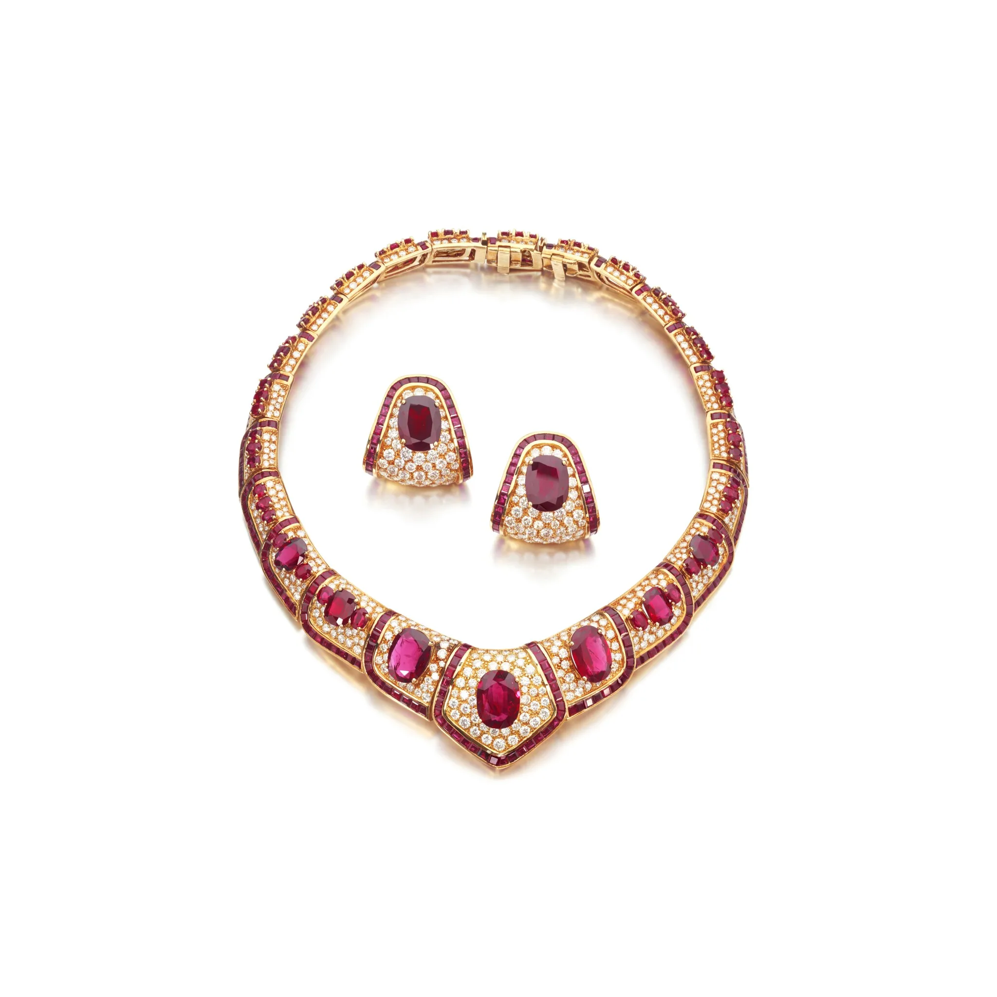 50 carats ruby and diamond necklace set a necklace composed of oval and cushion-shaped rubies, accented by brilliant-cut