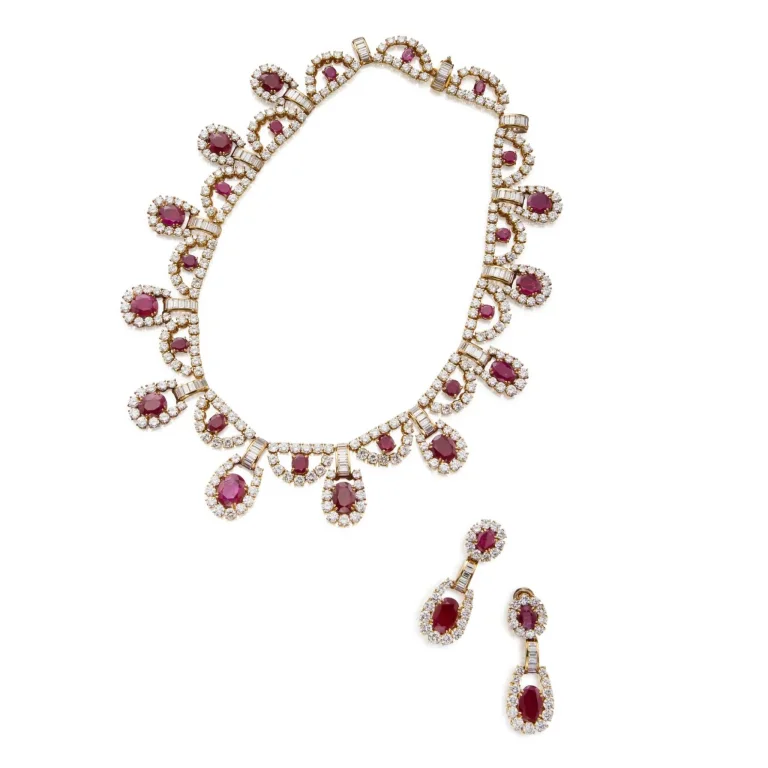55 carats Ruby and Diamond Necklace and Pair of Earclips. Rubies weighing a total of approximately 50.00 to 55.00 carats