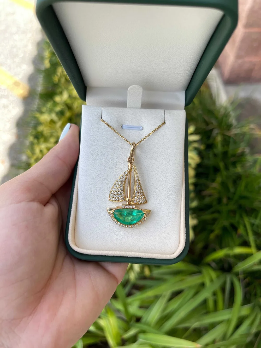 6.61tcw AAA Quality Half Moon Colombian Emerald & Diamond Hand Made Sail Boat 14K