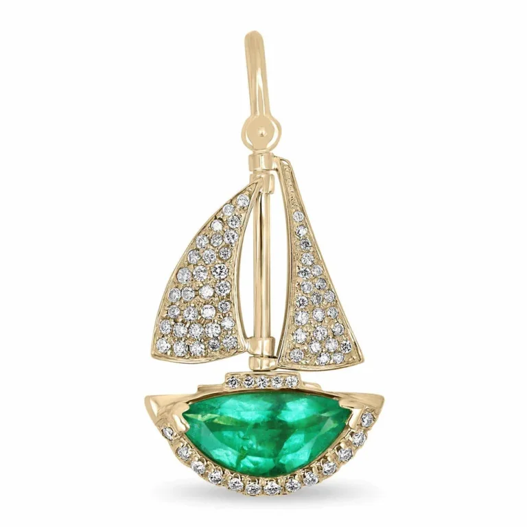 6.61tcw AAA Quality Half Moon Colombian Emerald & Diamond Hand Made Sail Boat 14K