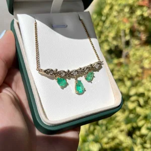 6.70tcw Bib Vintage Emerald Pear & Diamond Necklace 14K