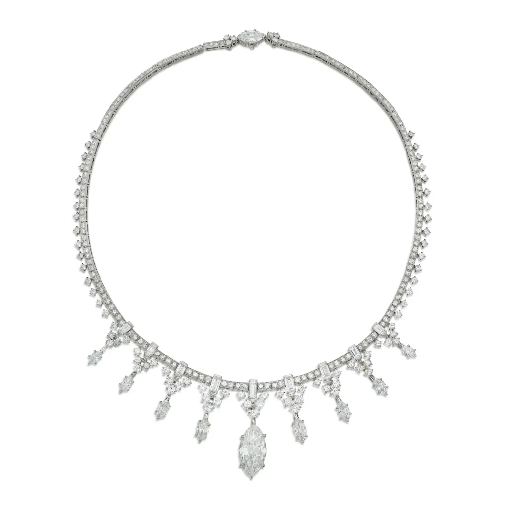 6 carat marquise drop | Of fringe design, set with baguette and round diamonds and suspending marquise-shaped diamonds,