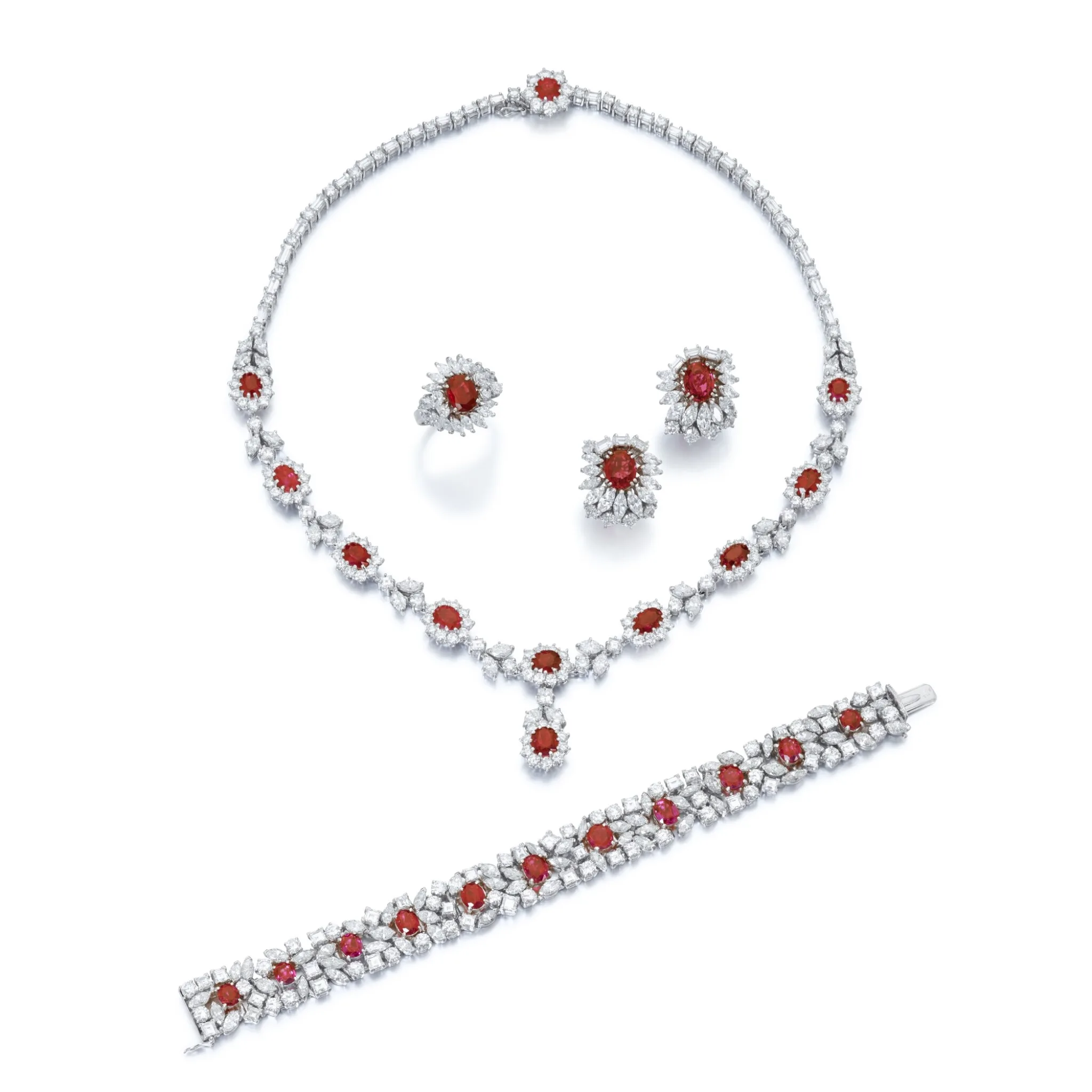 75 carats Necklace, bracelet and earring suite ruby and diamonds