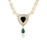 8.04tcw Solid 14K Yellow Gold Natural Dark Green Emerald Diamond & Onyx Necklace