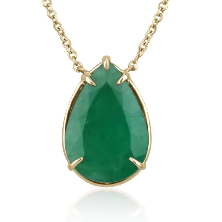 9.30ct Statement Natural Rich Green Emerald-Pear Cut Solitaire Gold 14K 5 Prong Necklace