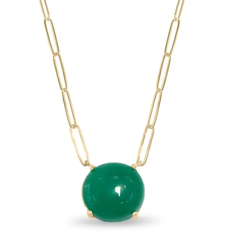 9.50 Carat Large Emerald Cabochon Stationary Paper Clip Necklace 14K