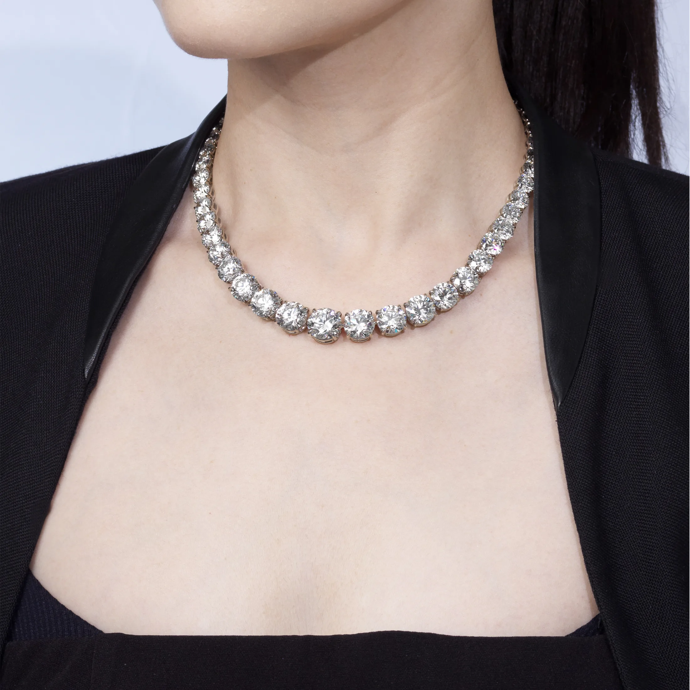 The Rivière: Three Centuries on a Single Thread 3. Closeup of graduated round brilliant diamonds in a platinum riviere necklace