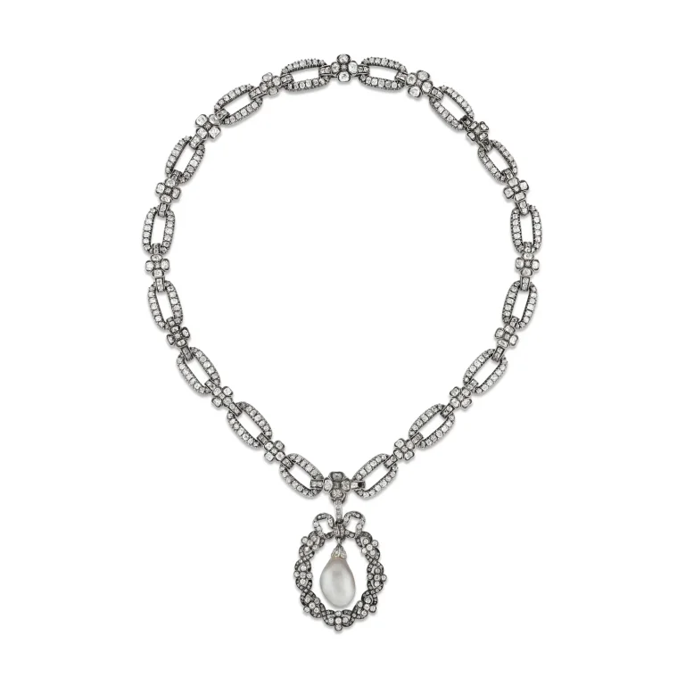 ANTIQUE COLOURED NATURAL PEARL AND DIAMOND TRANSFORMABLE NECKLACE