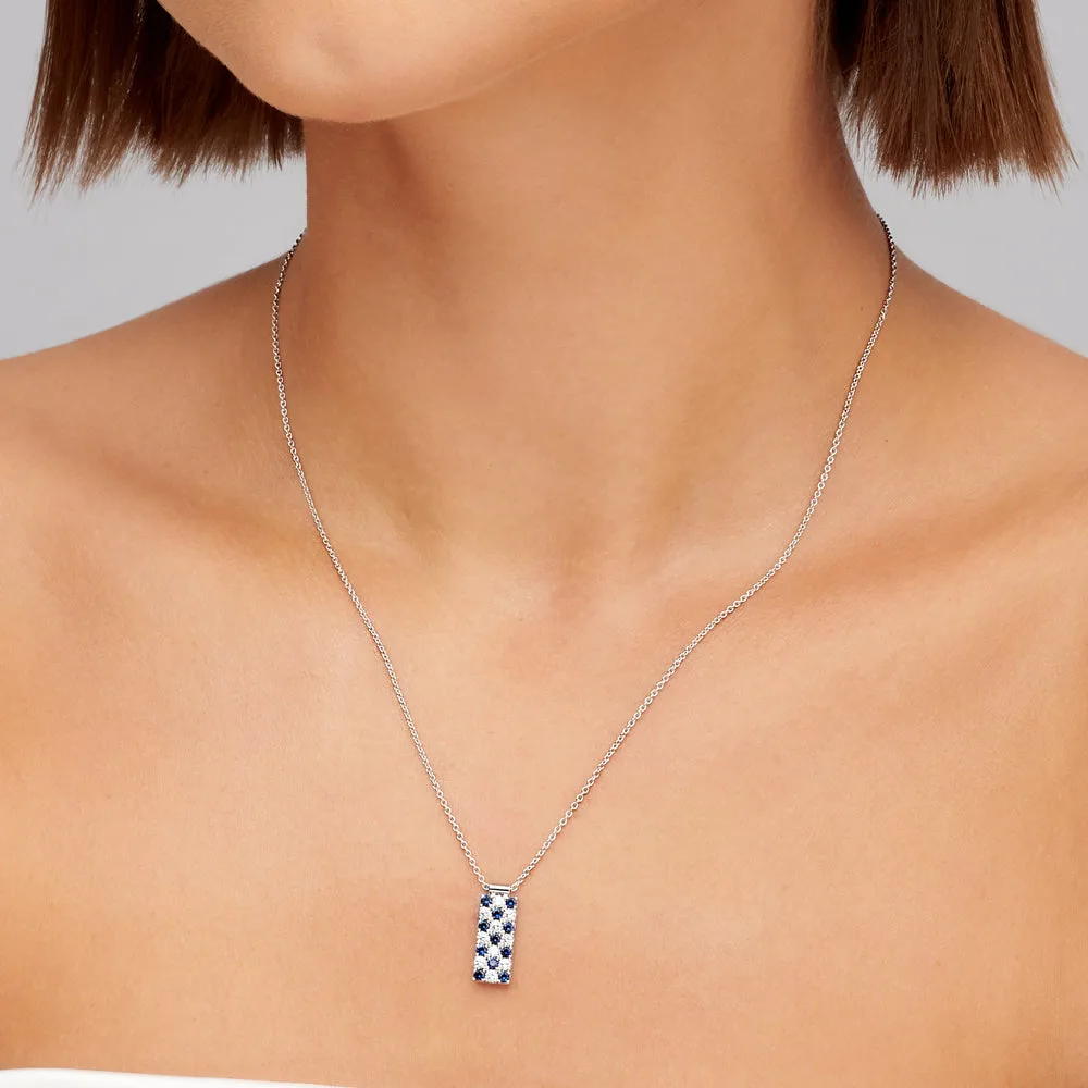 CHECKERED SAPPHIRE AND DIAMOND PENDANT NECKLACE IN 18K IN WHITE GOLD