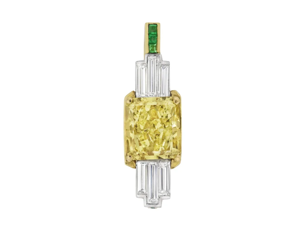 COLORED DIAMOND, DIAMOND AND EMERALD NECKLACE SHORTENER-PENDANT Fancy intense yellow cut-cornered rectangular modified b