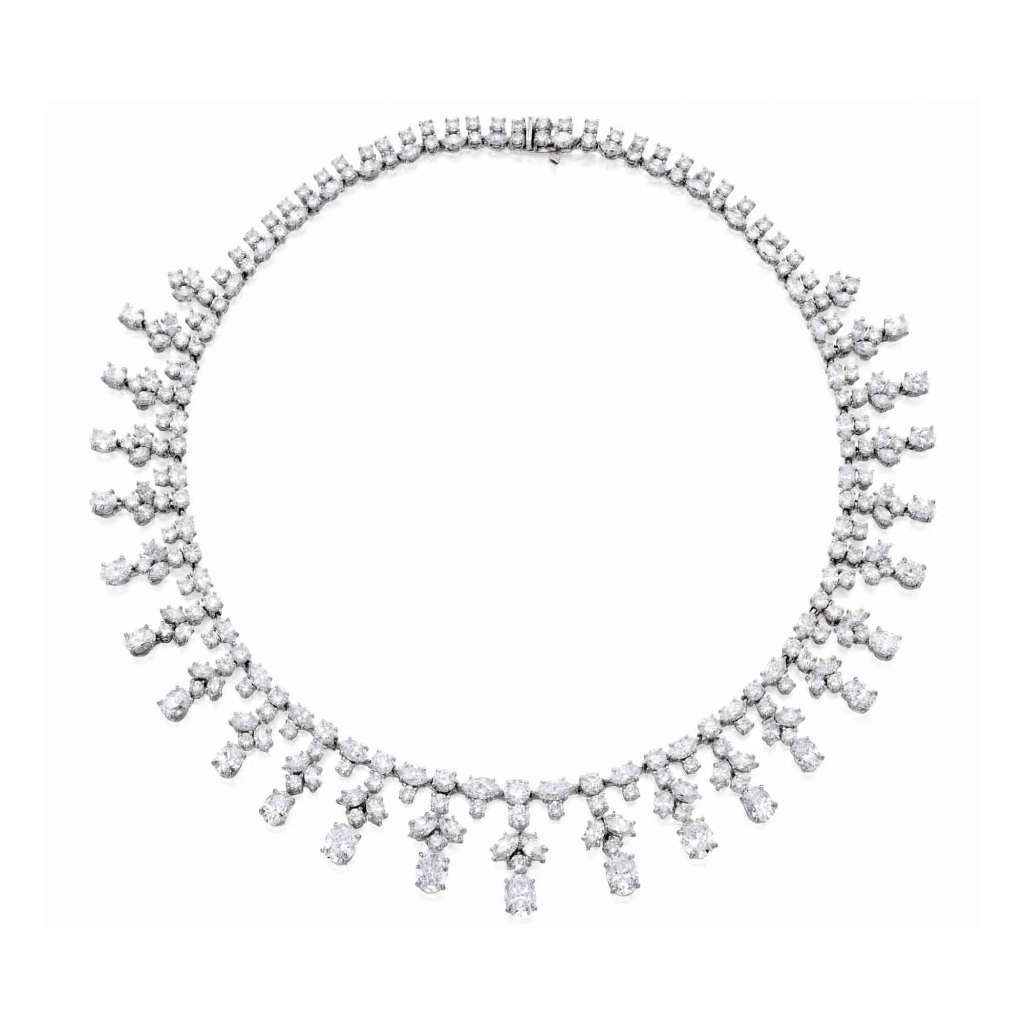 Neckline and Necklace: The Pairing Doctrine 4. Diamond fringe necklace suspending oval shaped diamonds, articulated drops