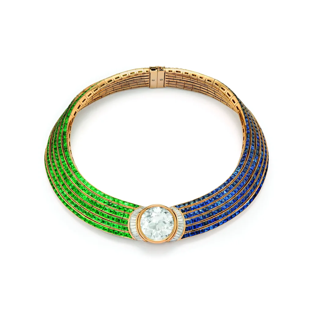 DIAMOND, SAPPHIRE AND EMERALD NECKLACE Old European brilliant-cut diamond