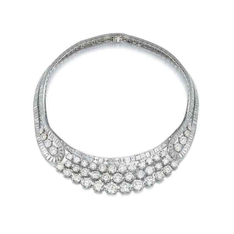 elegant diamond necklace Set with graduated brilliant-cut and baguette diamonds, length approximately 370mm