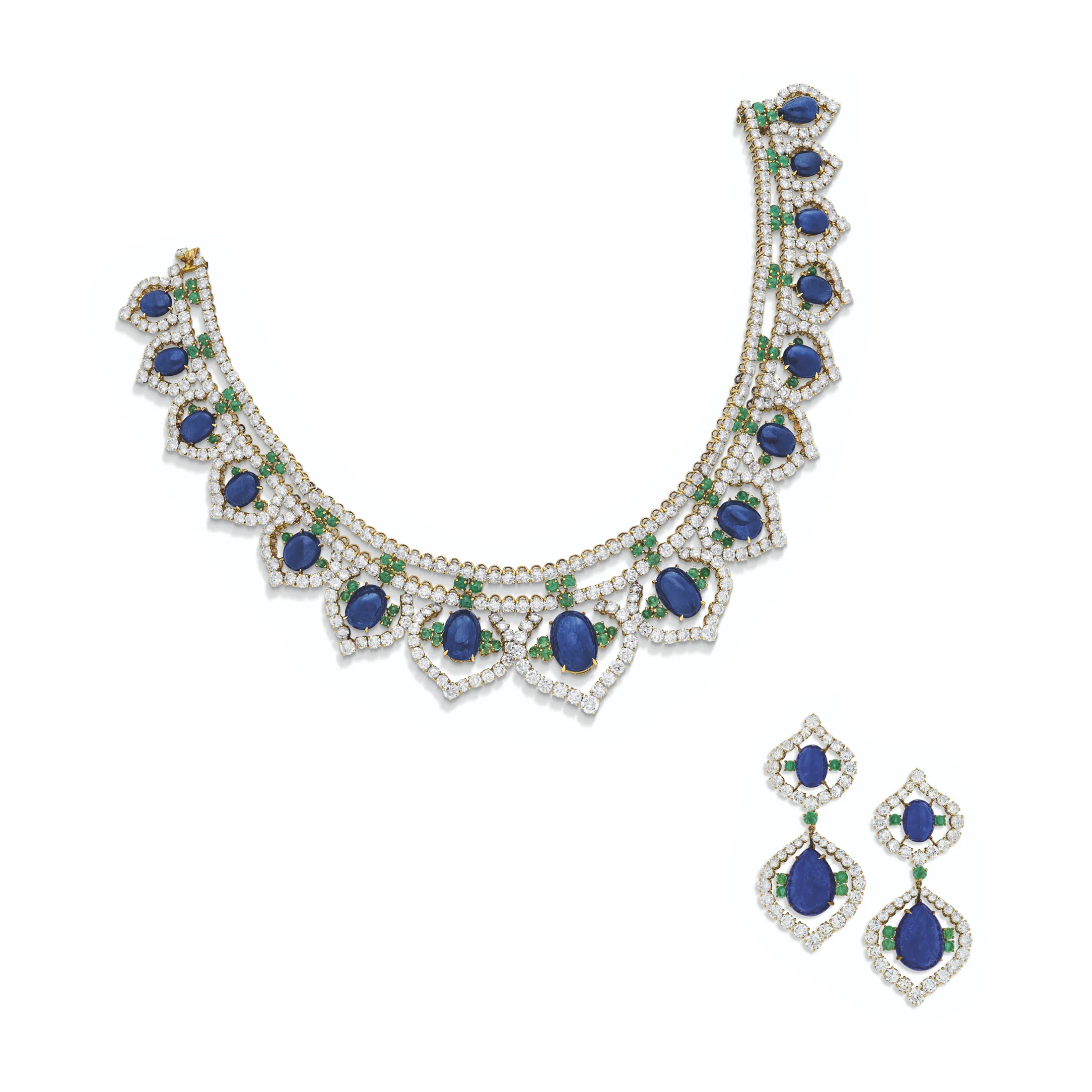 EMERALD AND DIAMOND NECKLACE AND EARRING SET Cabochon sapphires, cabochon emeralds, circular-cut diamonds, yellow gold