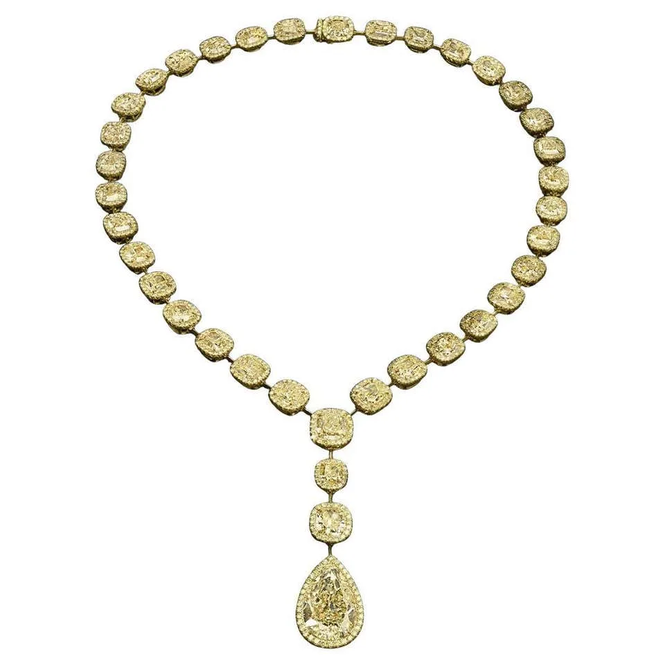 75 carat fancy yellow riviere with 12 carat pear drop