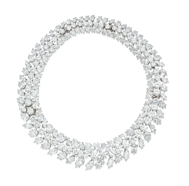 majestic diamond necklace Designed as a line of round diamonds, bordered by alternating pear- and marquise-shaped diamon