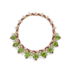 MULTI-GEM AND CULTURED PEARL NECKLACE Cushion-shaped peridots, spinel beads, round diamonds, round cultured pearls,18k y