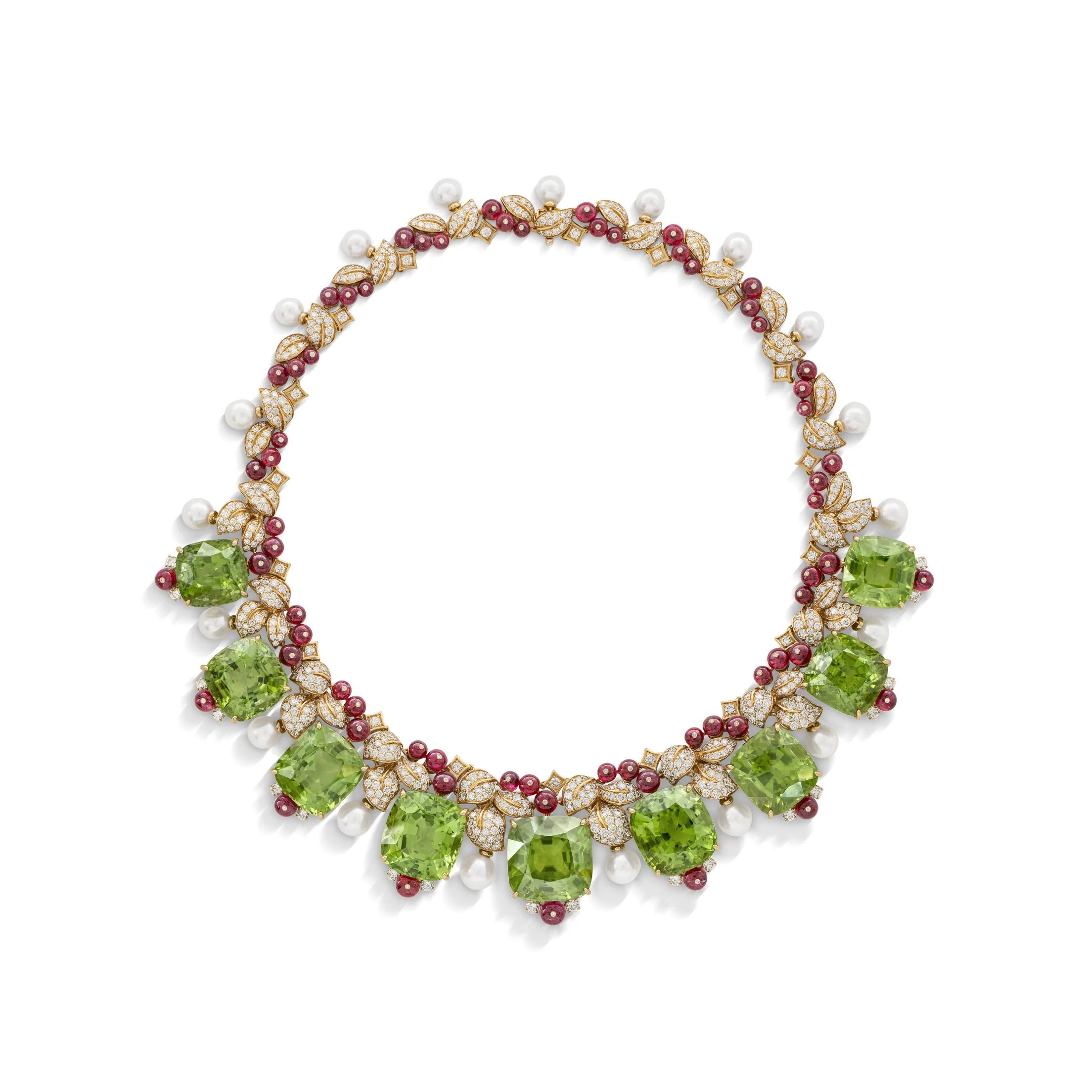 MULTI-GEM AND CULTURED PEARL NECKLACE Cushion-shaped peridots, spinel beads, round diamonds, round cultured pearls,18k y