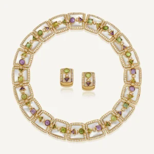 MULTI-GEM AND DIAMOND NECKLACE AND EARRING SET, Mother-of pearl panels, circular, square and triangular cabochon amethys