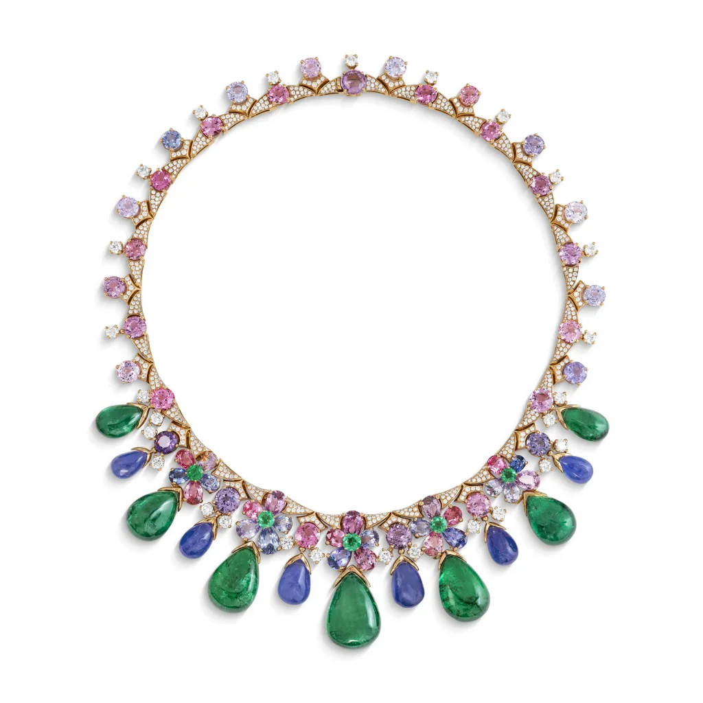 MULTI-GEM NECKLACE Drop-shaped emeralds of 9.81 and 9.68 carats, drop-shaped and round emeralds, sapphires and spinels,