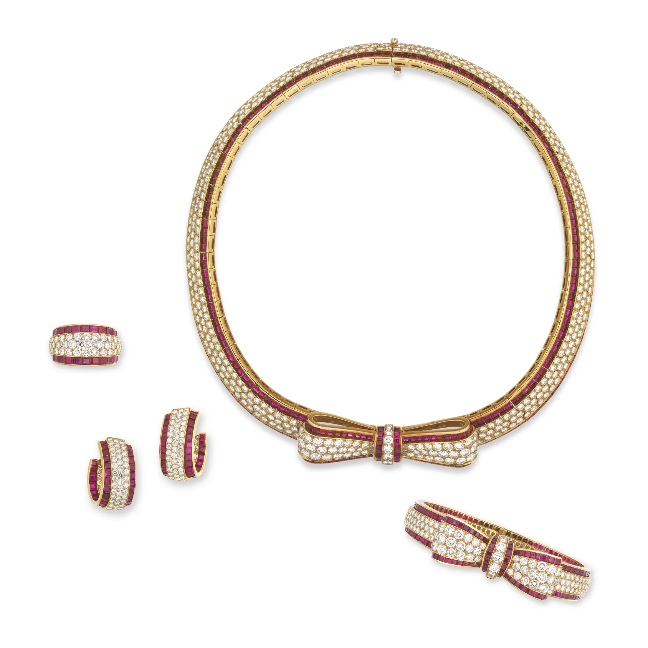 OF RUBY AND DIAMOND 'VALIA' JEWELLERY Round diamonds, calibré-cut rubies, gold