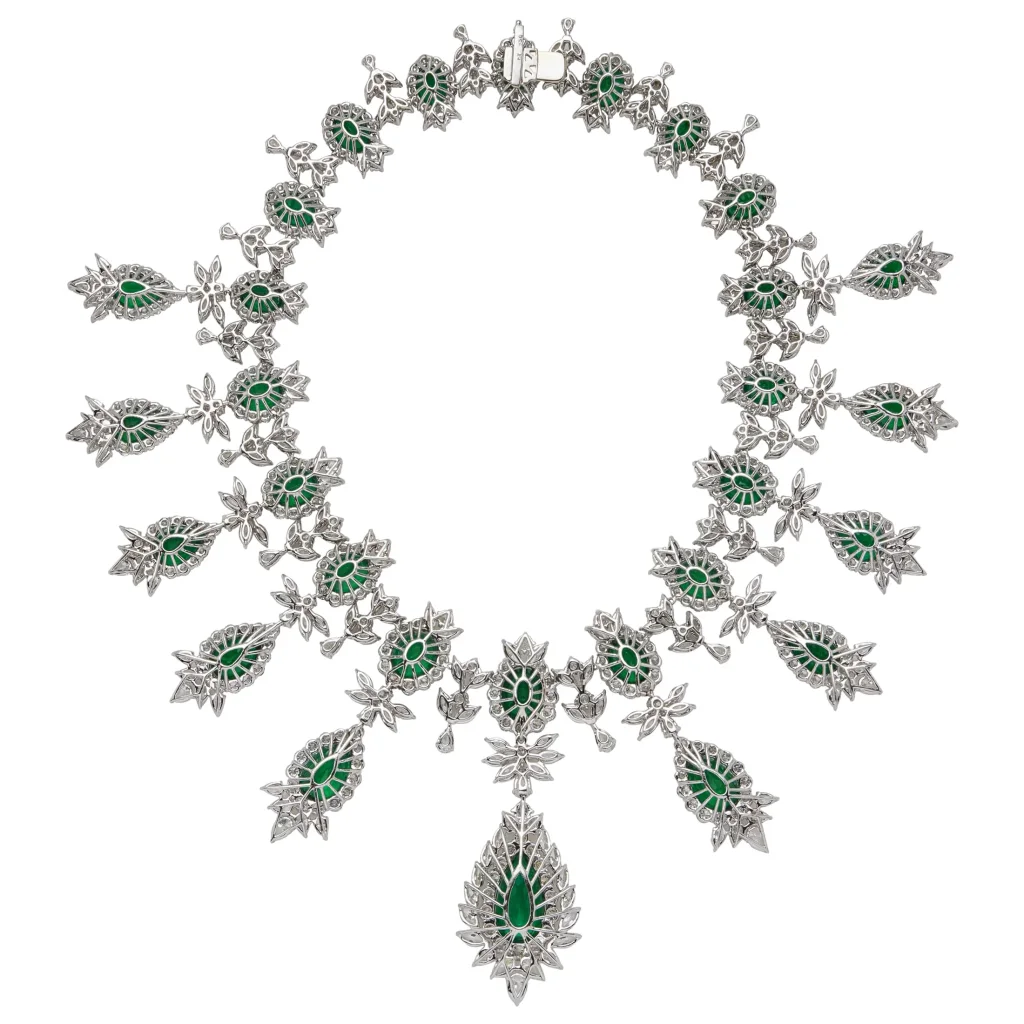 Platinum, 144.07ctw Zambian Emerald and Diamond Necklace