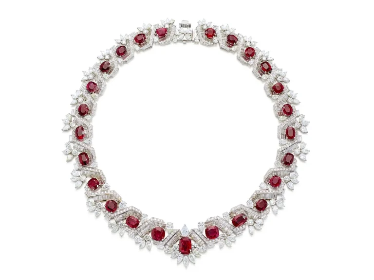 Ruby and Diamond Necklace | Set with cushion-shaped and oval rubies, decorated with variously-shaped diamonds. Rubies we