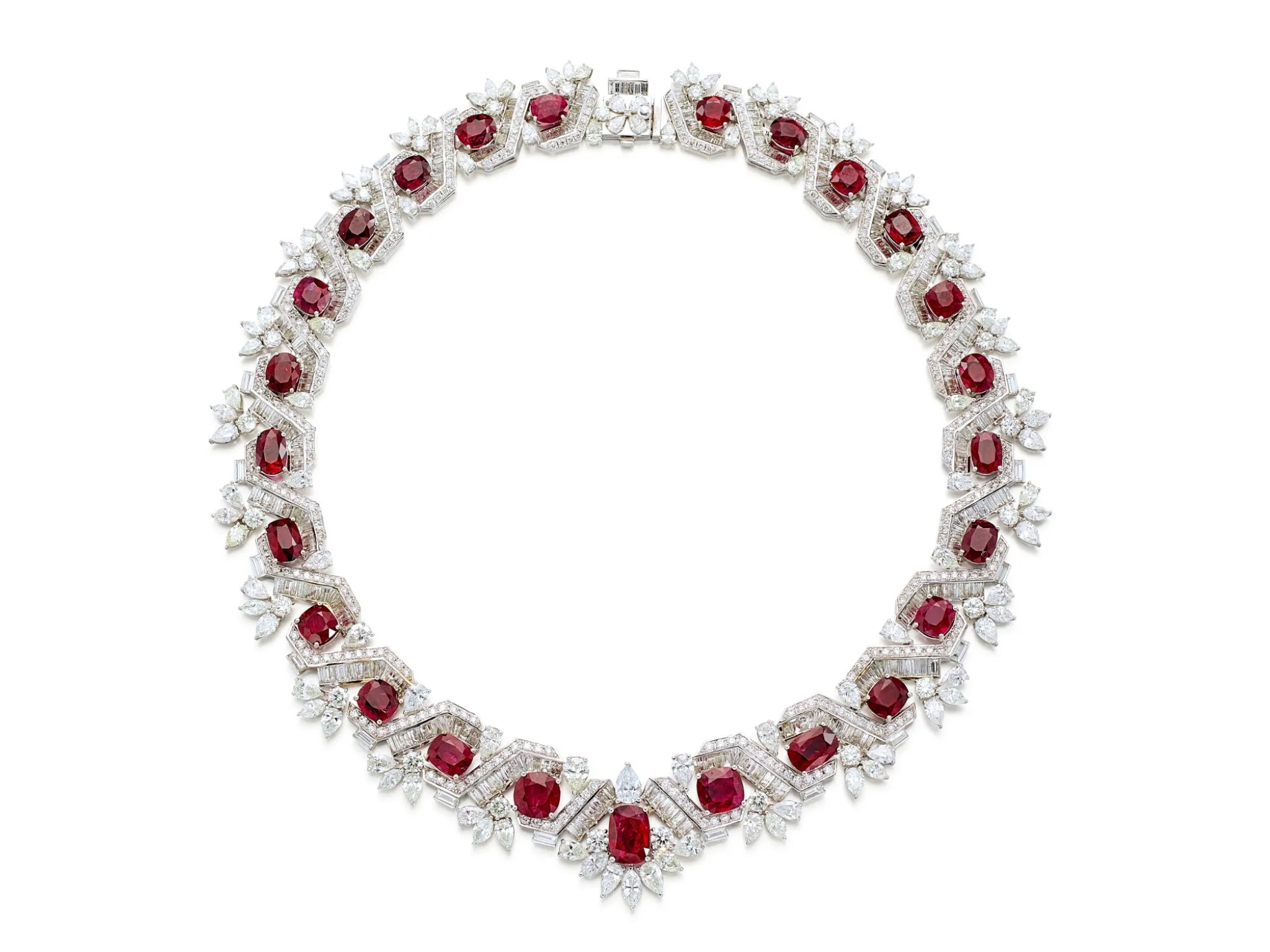 Rubies in the Royal Box 2. Closeup of ruby and diamond necklace set with cushion and oval rubies