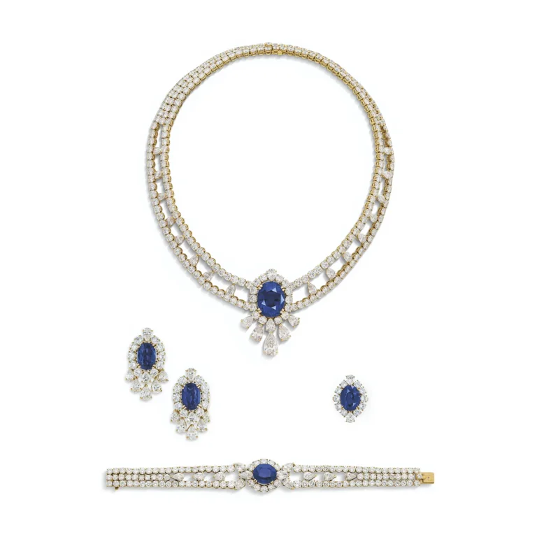 SAPPHIRE AND DIAMOND NECKLACE, BRACELET, EARRING AND RING SUITE 100 carats