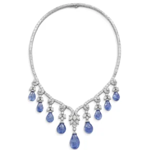 SAPPHIRE AND DIAMOND NECKLACE Briolette-shaped sapphires, round, pear, marquise and baguette-cut diamonds