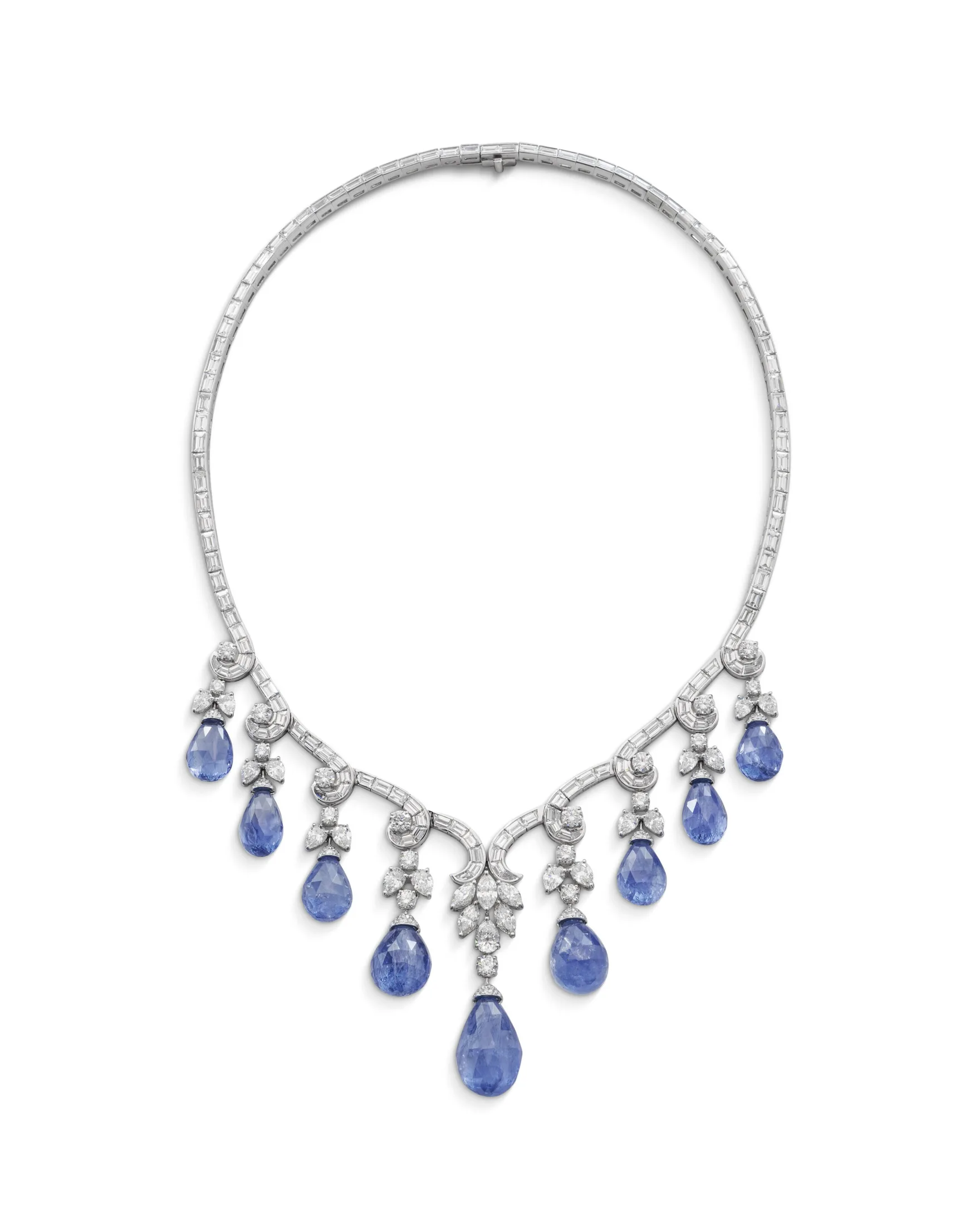 SAPPHIRE AND DIAMOND NECKLACE Briolette-shaped sapphires, round, pear, marquise and baguette-cut diamonds