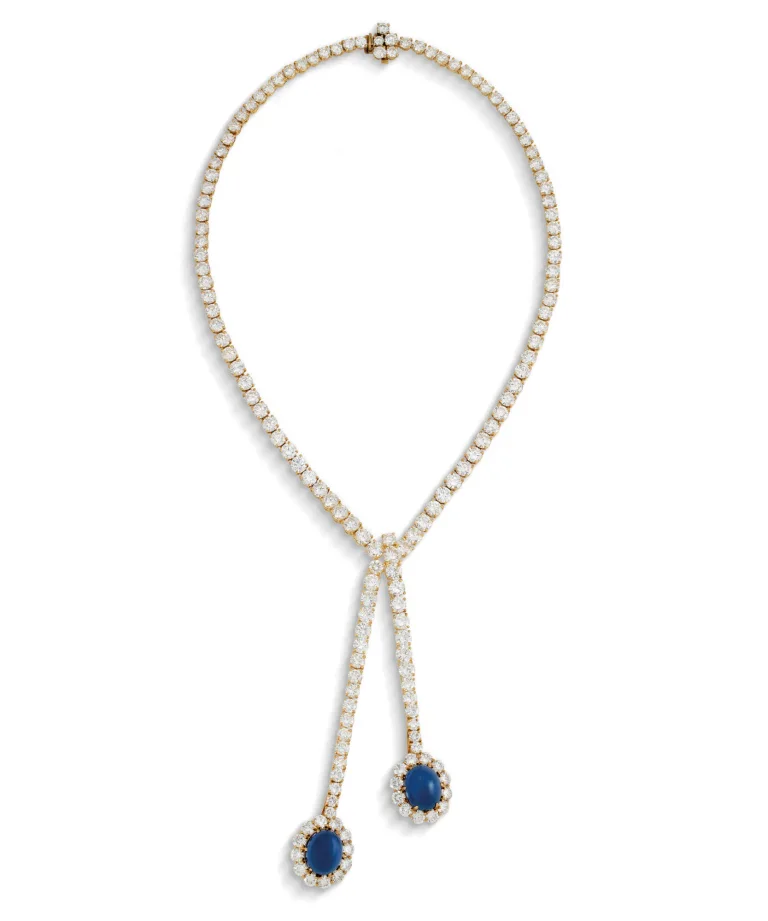 SAPPHIRE AND DIAMOND NECKLACE, Cabochon sapphires, circular-cut diamonds, gold, pendant 9.5 cm, necklace 38.0 cm